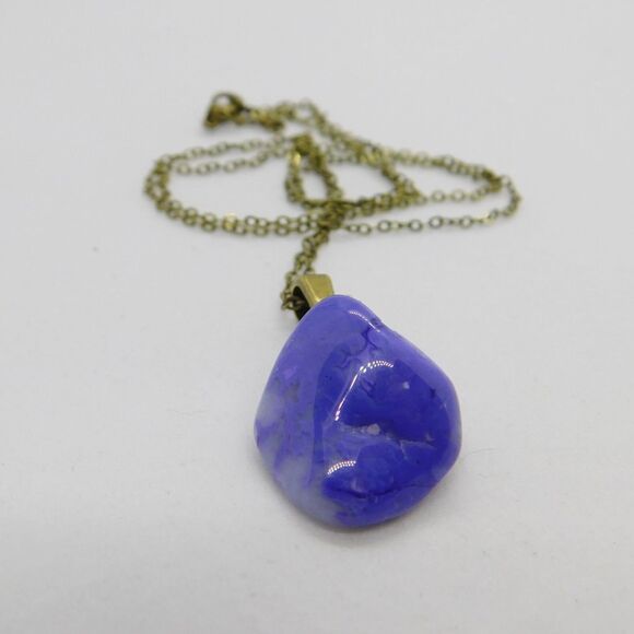Purple Blue Polished Stone Pendant Necklace on 22 inch Antique Bronze Chain - Picture 6 of 10